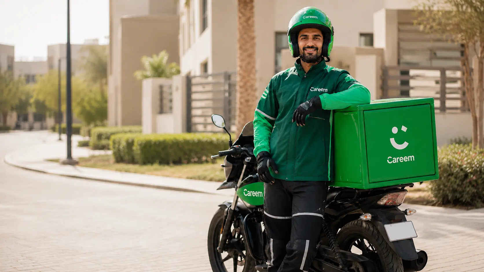 Representative South Asian delivery rider wearing Careem-branded equipment beside a Careem-branded motorcycle