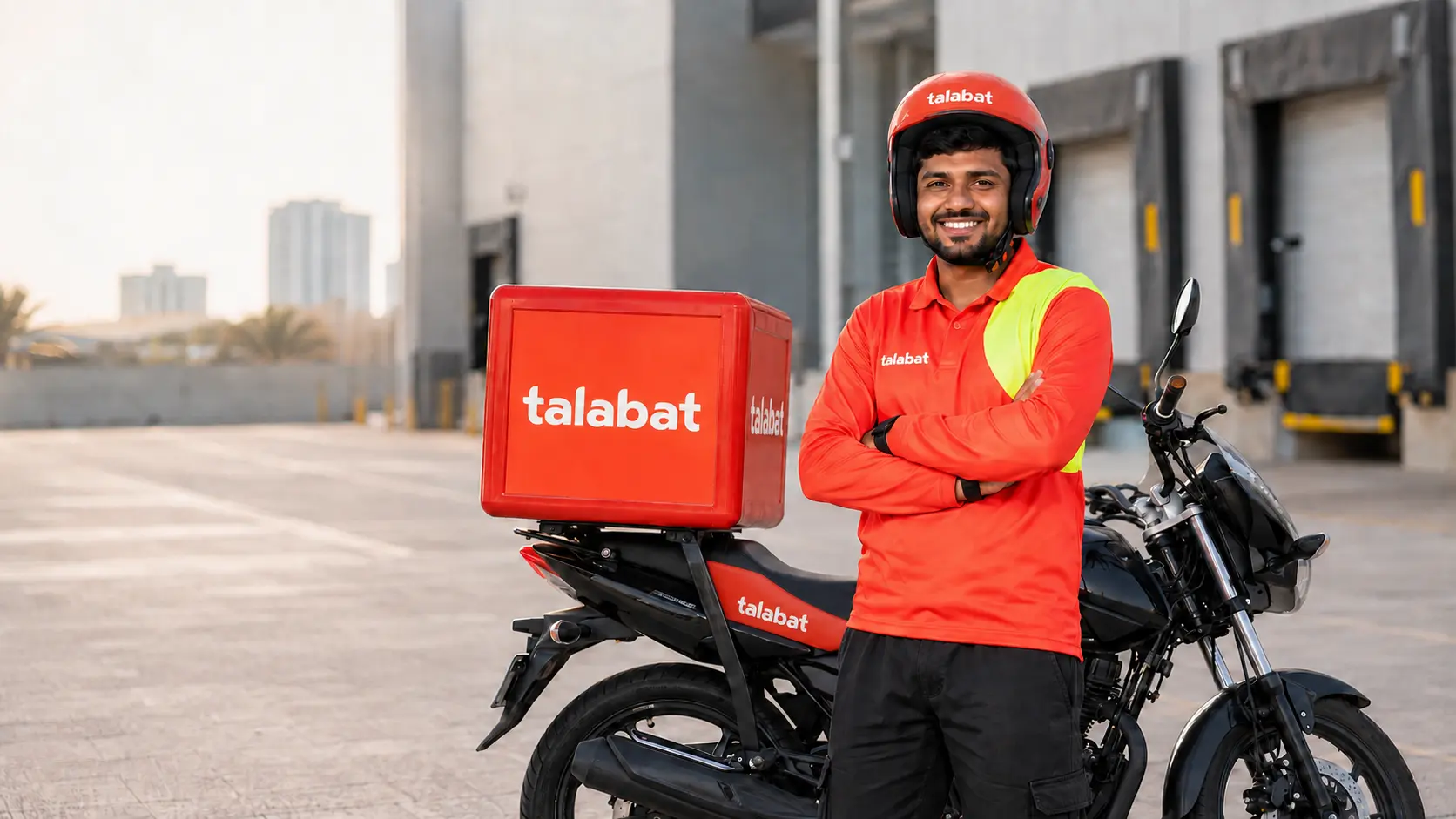 Representative South Asian delivery rider wearing Talabat-branded equipment beside a Talabat-branded motorcycle