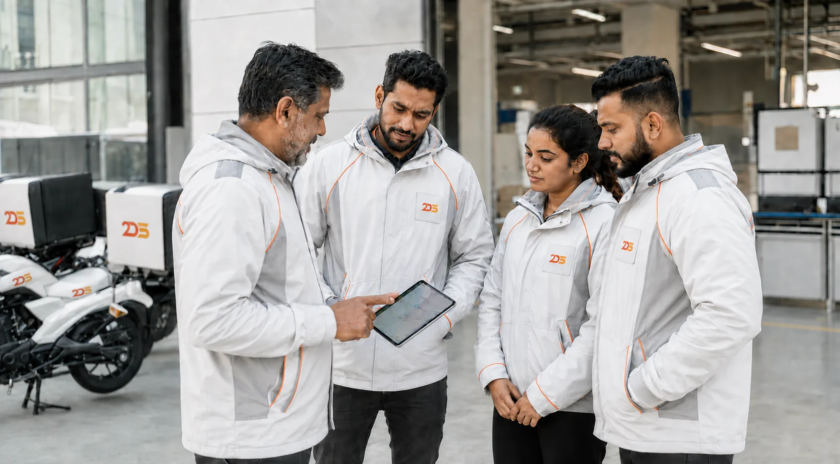Distinct South Asian delivery riders in professionally branded 2DS uniforms receiving a briefing beside motorcycles at a UAE dispatch facility